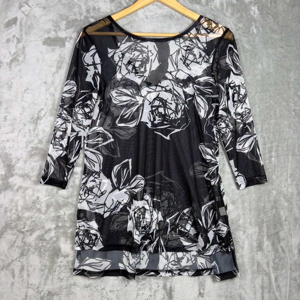 Lynn Ritchie Mesh Top Rose Print V-Back Small Black Sheer Romantic Whimsigoth